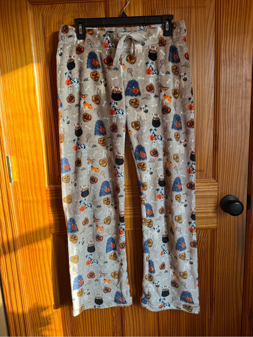 Juniors/Women’s Halloween Plush Pajama Pants - Cream with Orange & Black Prints